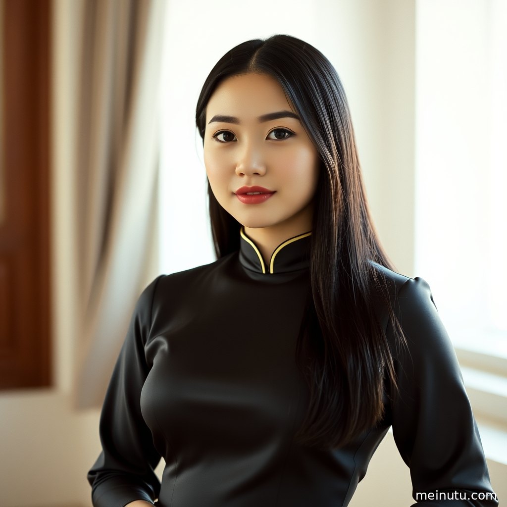 Overcast dusk lighting creates a calm and layered mood for this qipao photoshoot featuring an adult Asian model.