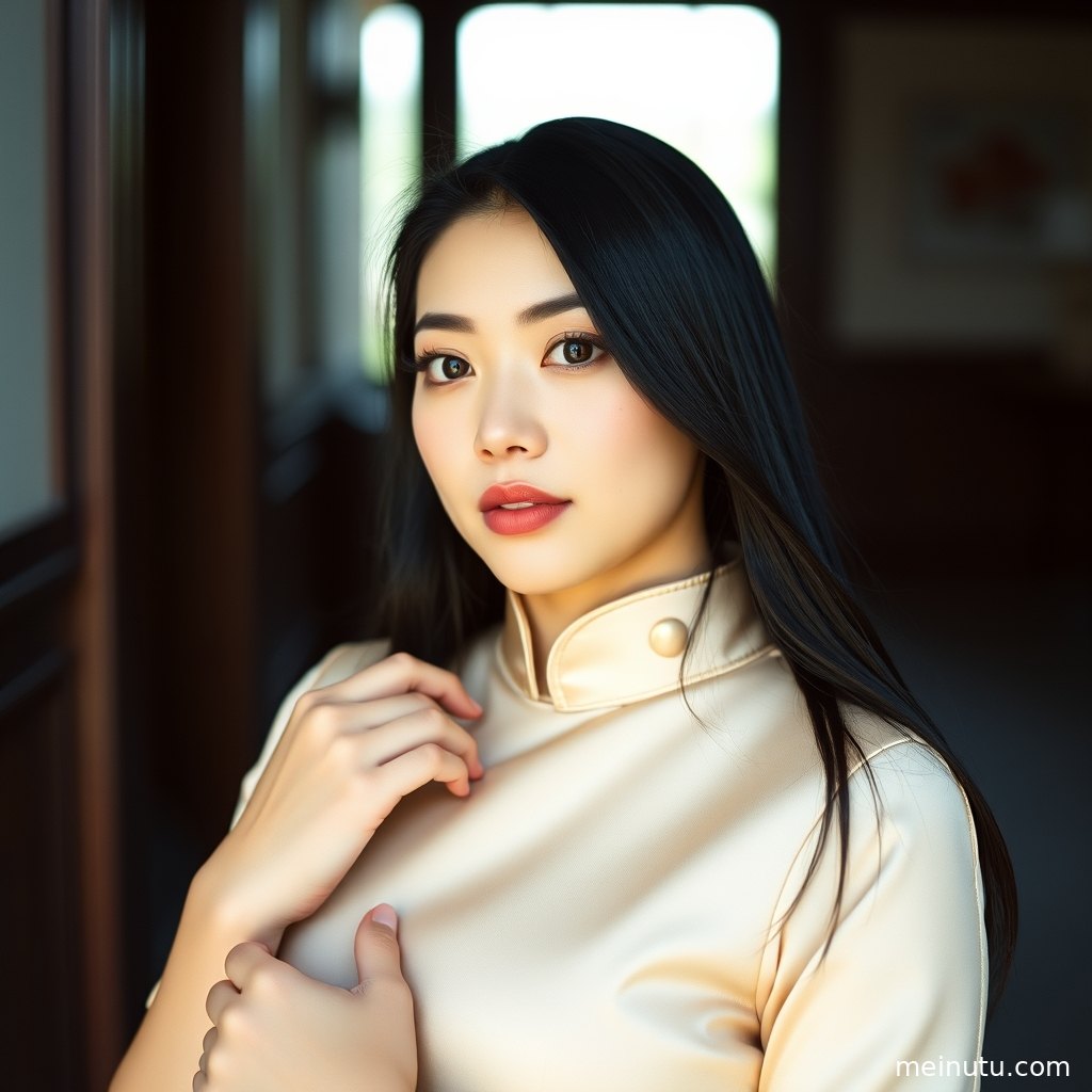 Adult woman wearing a modern qipao dress, blending classic Chinese elegance with contemporary fashion in natural dusk light.