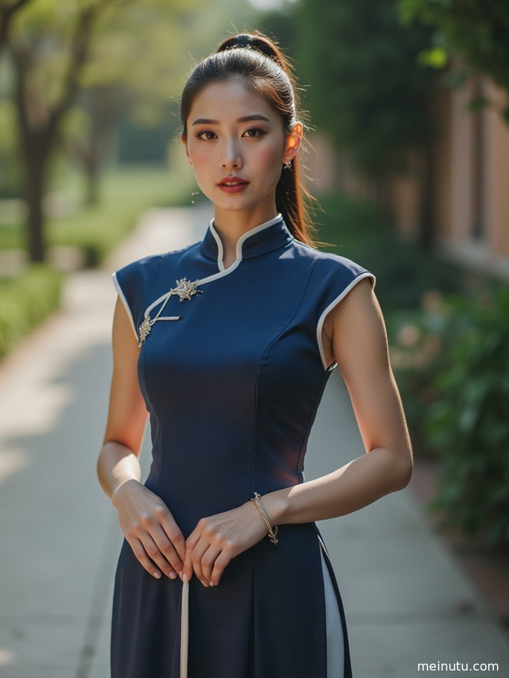 Close-up detail of a refined cheongsam dress, enhanced by cloudy evening light and a calm editorial portrait mood.