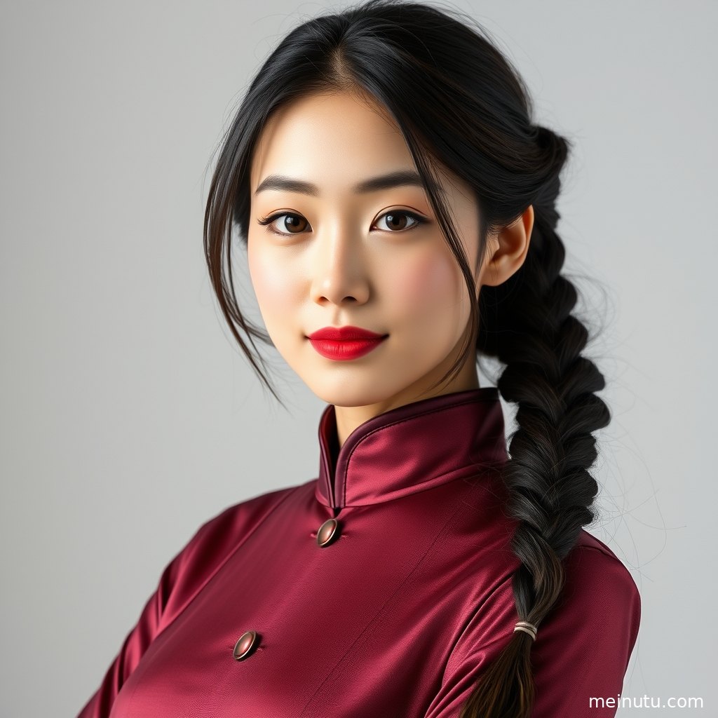 年轻成年女性身着深色旗袍站在室内暖色侧光中，呈现全身构图的旗袍美女写真。