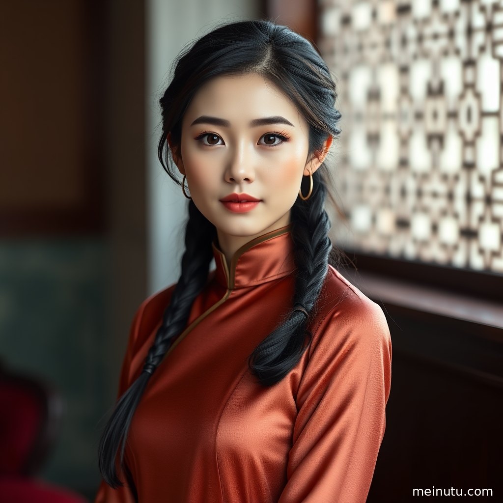 旗袍美女在柔光窗边自然侧身，修身剪裁与室内氛围突出优雅人像质感。