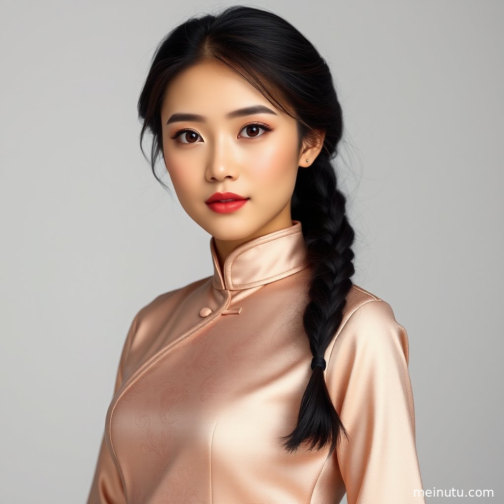 成年女性穿着开衩旗袍倚靠木质背景，暖色光影勾勒复古写真风格。
