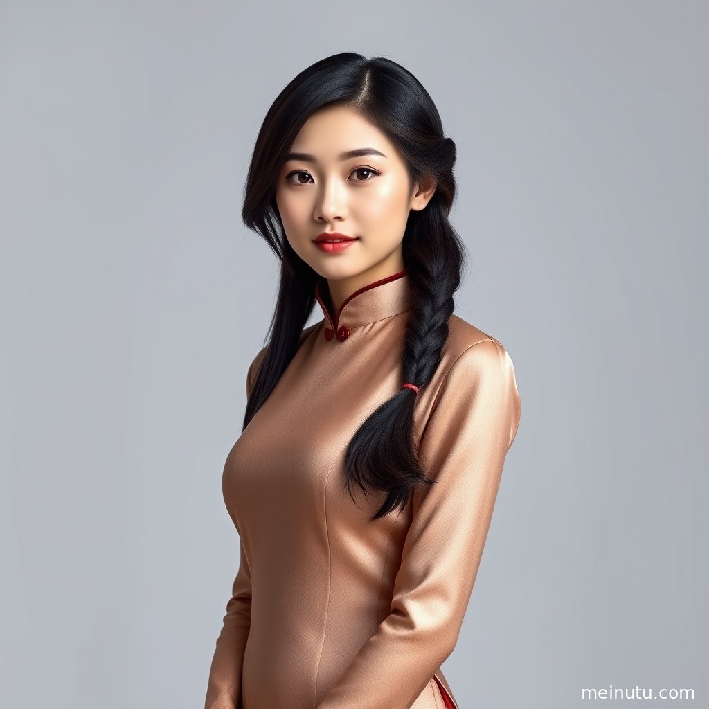 室内柔光下的旗袍美女全身人像，细腻面料与端庄姿态适合作为高清壁纸。