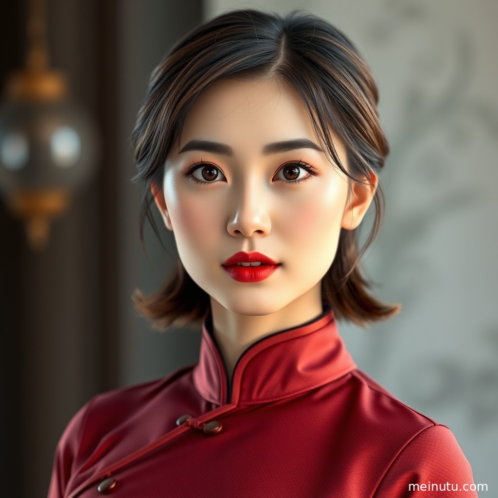 旗袍女子在灰调街景中回眸，柔和阴天光线呈现细腻高清人像。