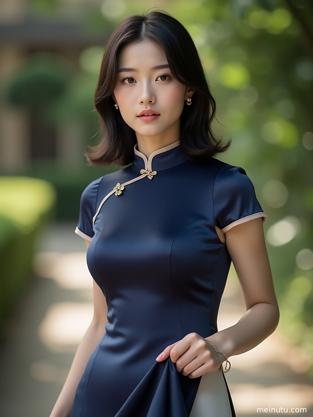 A clean white studio background frames an adult woman in a modern cheongsam dress, with gentle lighting emphasizing the fabric drape and elegant silhouette.