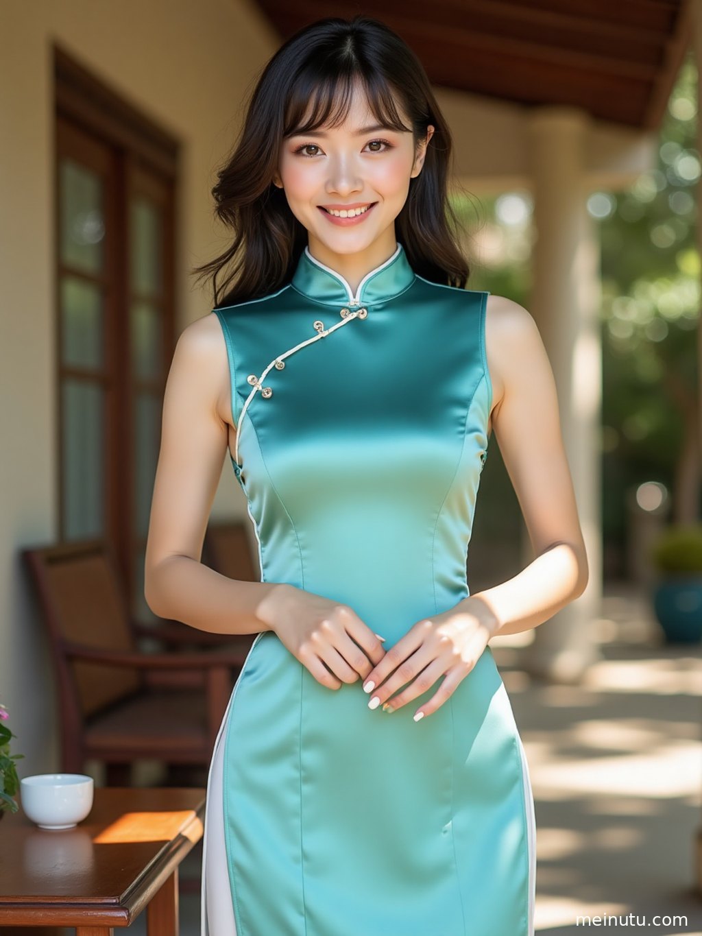 An adult Asian woman in a vintage-inspired cheongsam poses calmly in a minimal studio, with subtle shadows shaping her face and classic beauty.