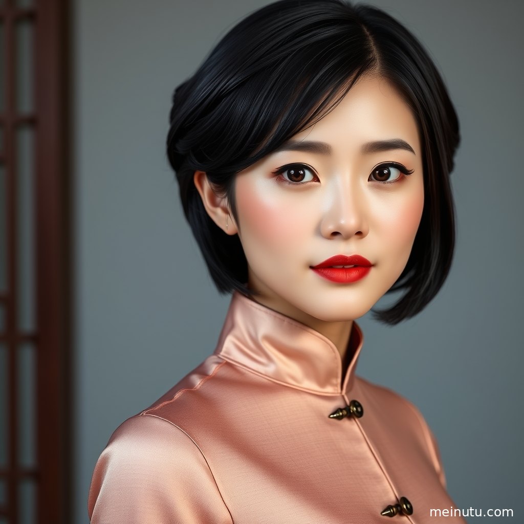 Asian旗袍美女在柔和晨光中展示缎面旗袍纹理，画面温柔而精致。