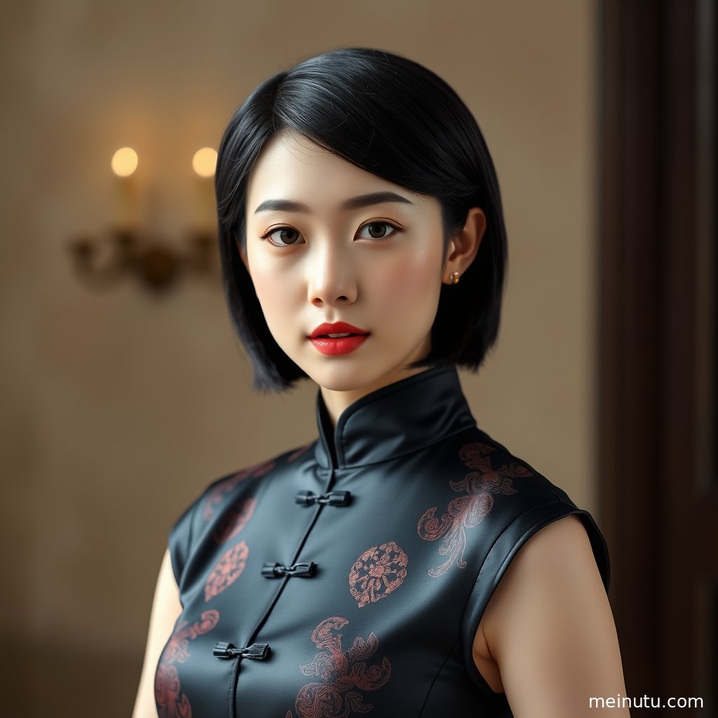 成年女子身着修身旗袍倚靠窗前，晨光勾勒侧影与优雅东方气质。