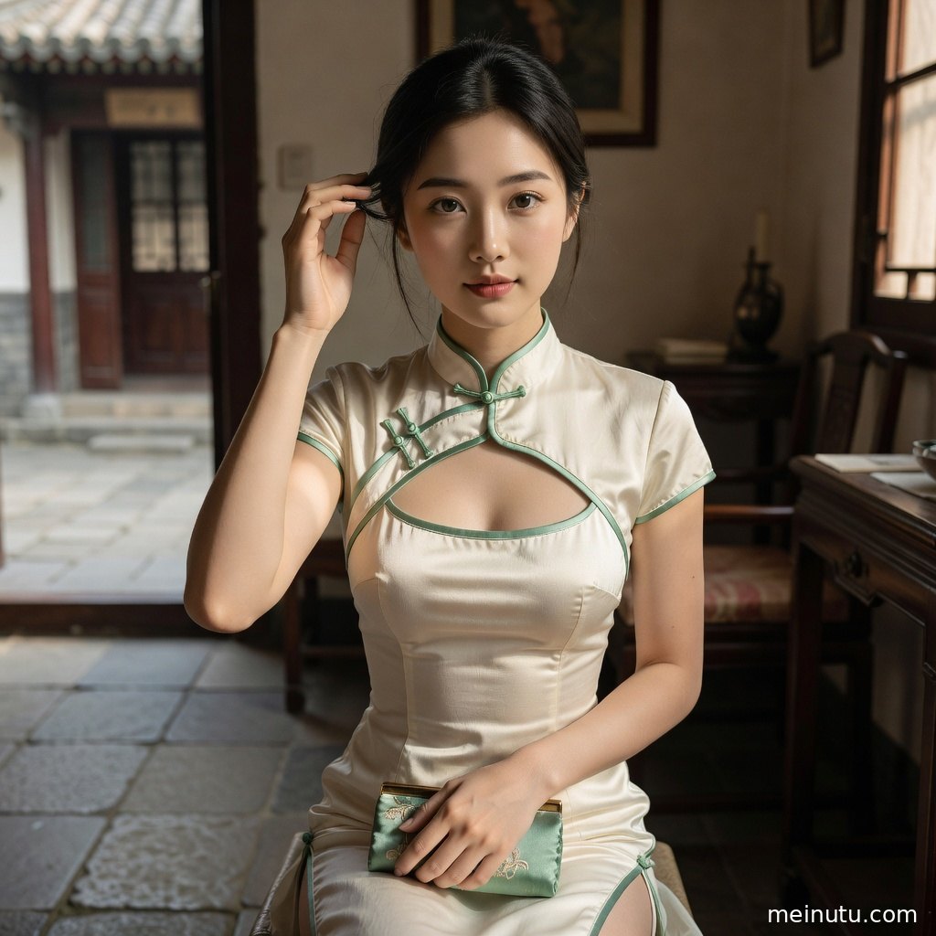 庭院木窗前的旗袍美女俯拍写真，柔和光影展现精致人像质感。
