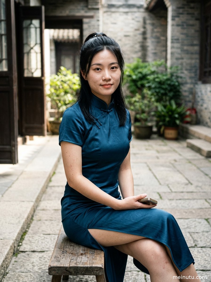 亚洲年轻成年女性穿复古旗袍倚靠廊柱，画面带有民国风写真氛围。