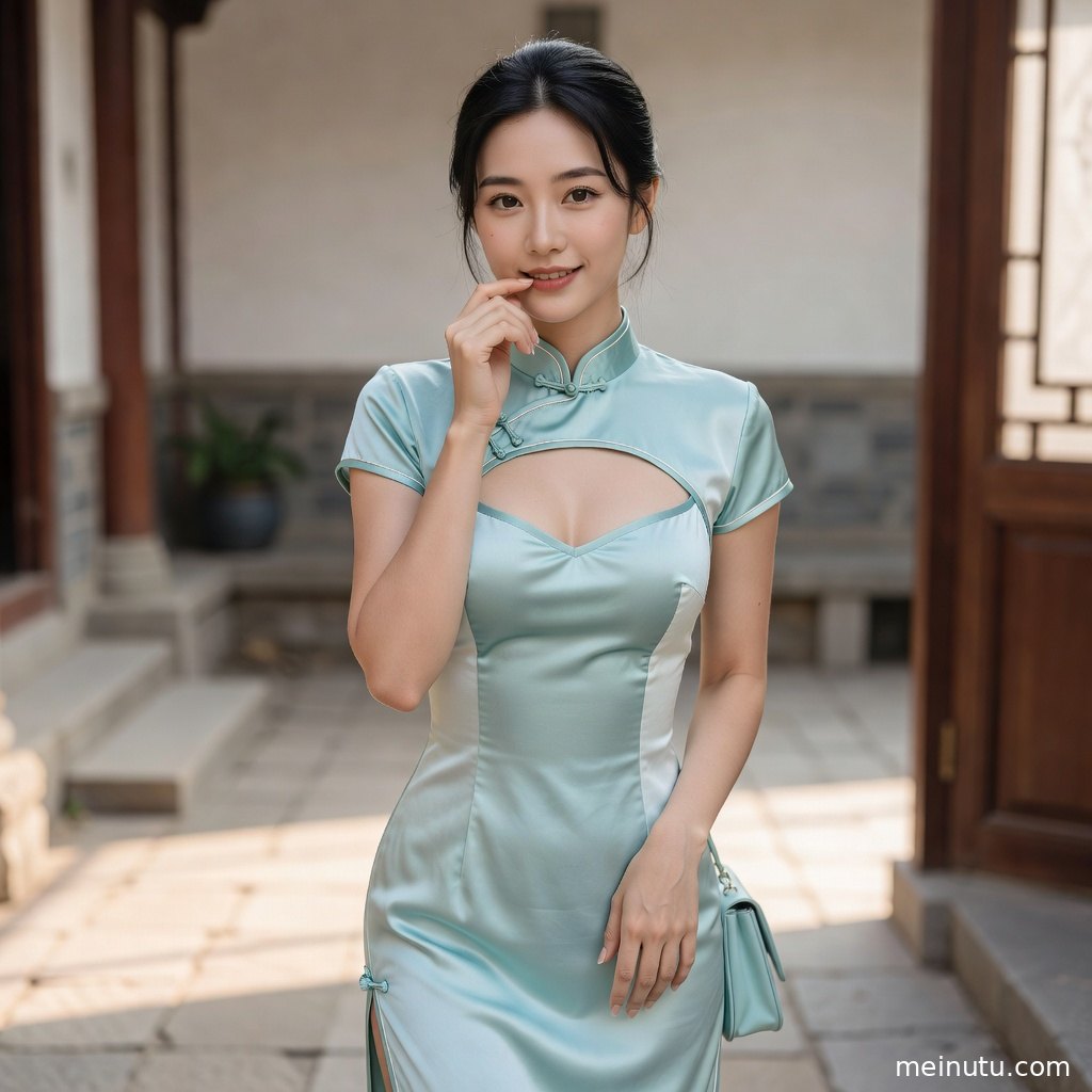 暖色侧光下的旗袍人像摄影，庭院背景与细腻布料纹理清晰可见。