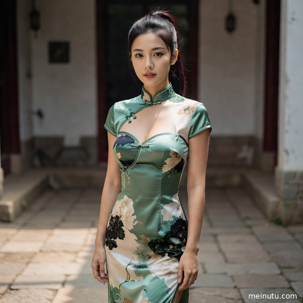 俯拍视角下的旗袍美女倚靠庭院栏杆，柔和光影突出复古气质。