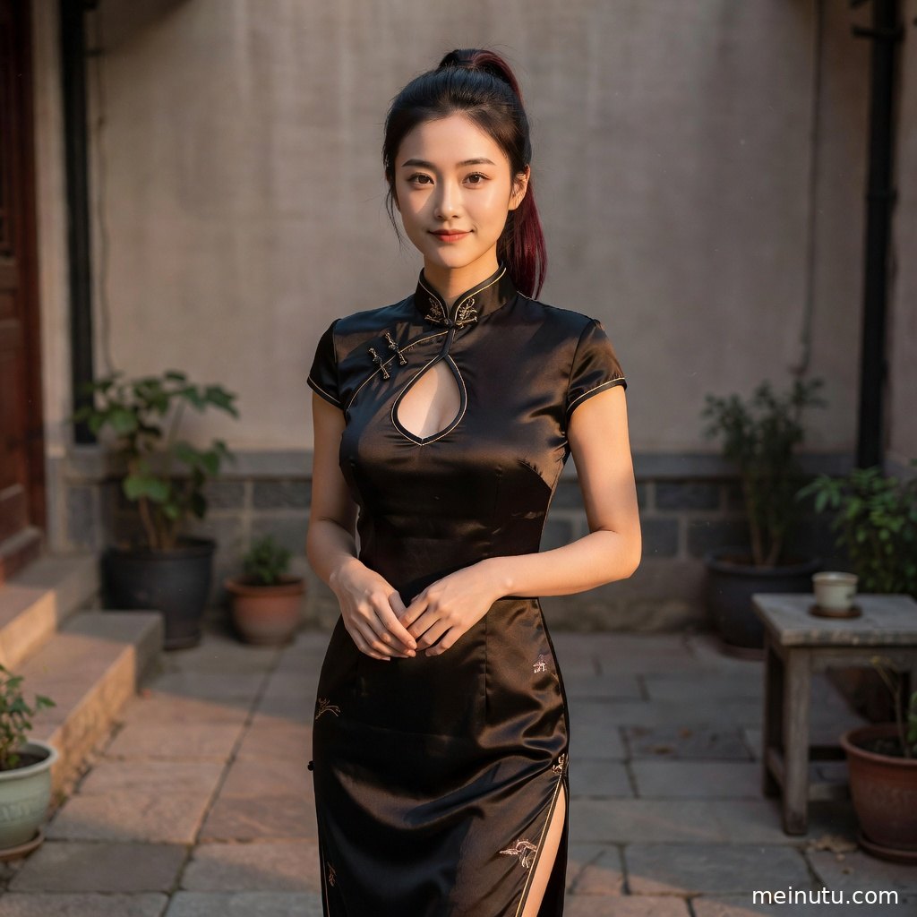 庭院石径与木门背景中的民国旗袍写真，画面呈现温柔暖调。