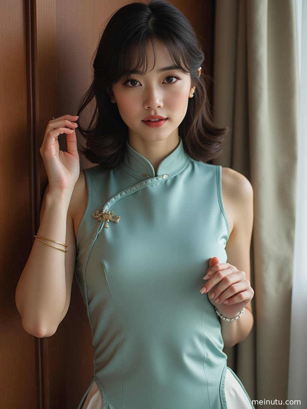 Chinese woman in a qipao standing against a quiet courtyard backdrop with soft daylight.