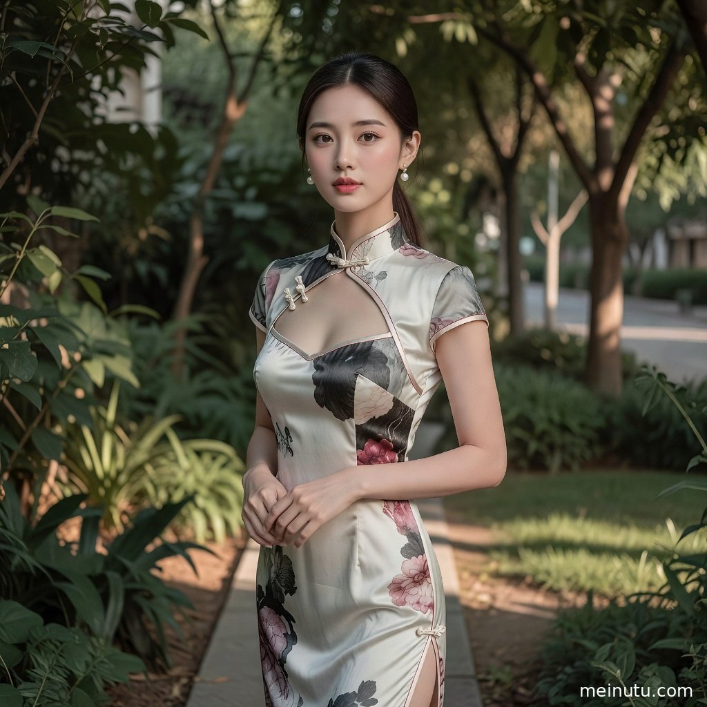 俯拍视角展现青花瓷旗袍纹样与花园绿植交织的东方风格画面。