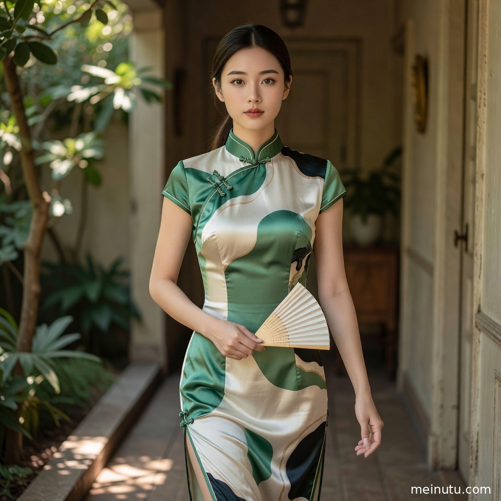 暖色侧光洒在青白旗袍布料上，女性模特立于花丛旁呈现温柔气质。