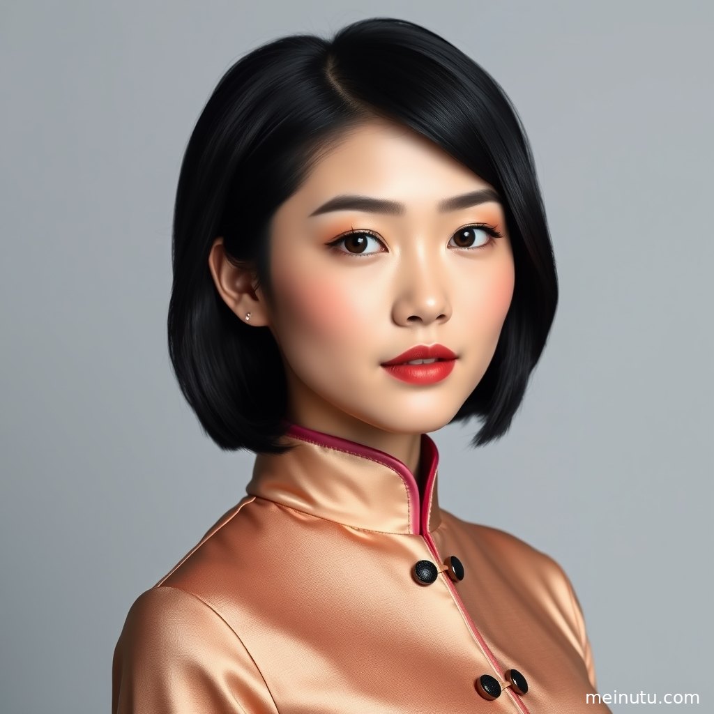 Asian旗袍美女侧身面对镜头，室内柔光突出性感旗袍线条。