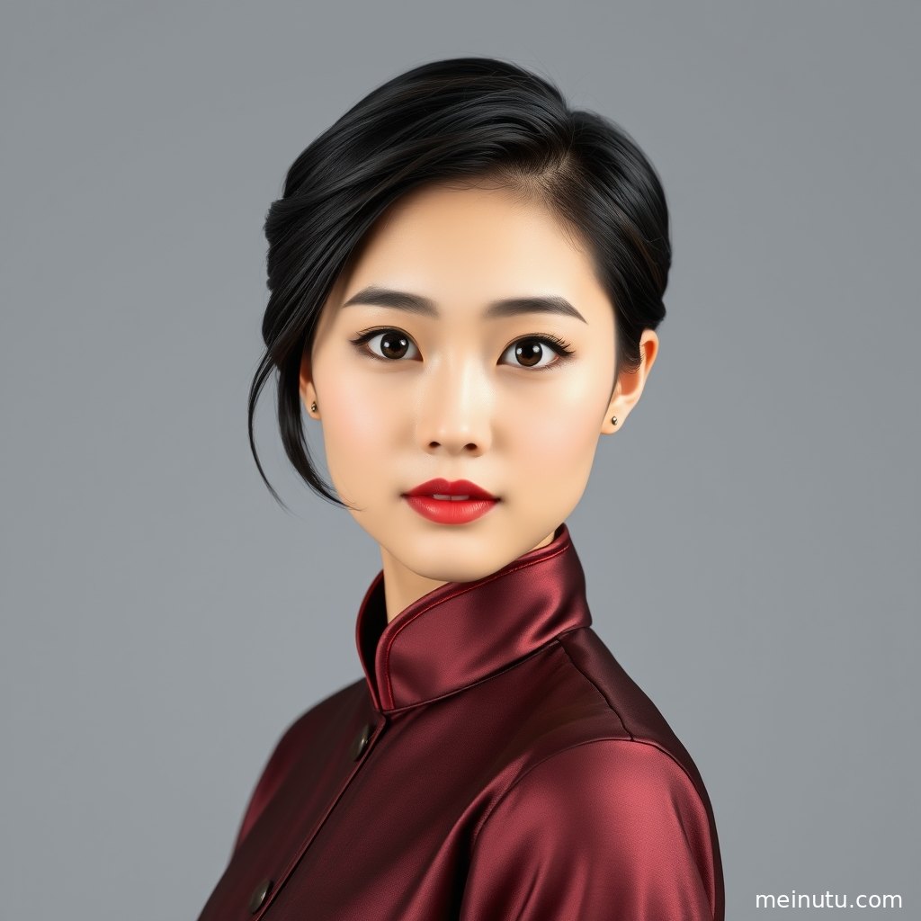 年轻成年女性穿开衩旗袍拍摄半身构图，画质清晰细腻。