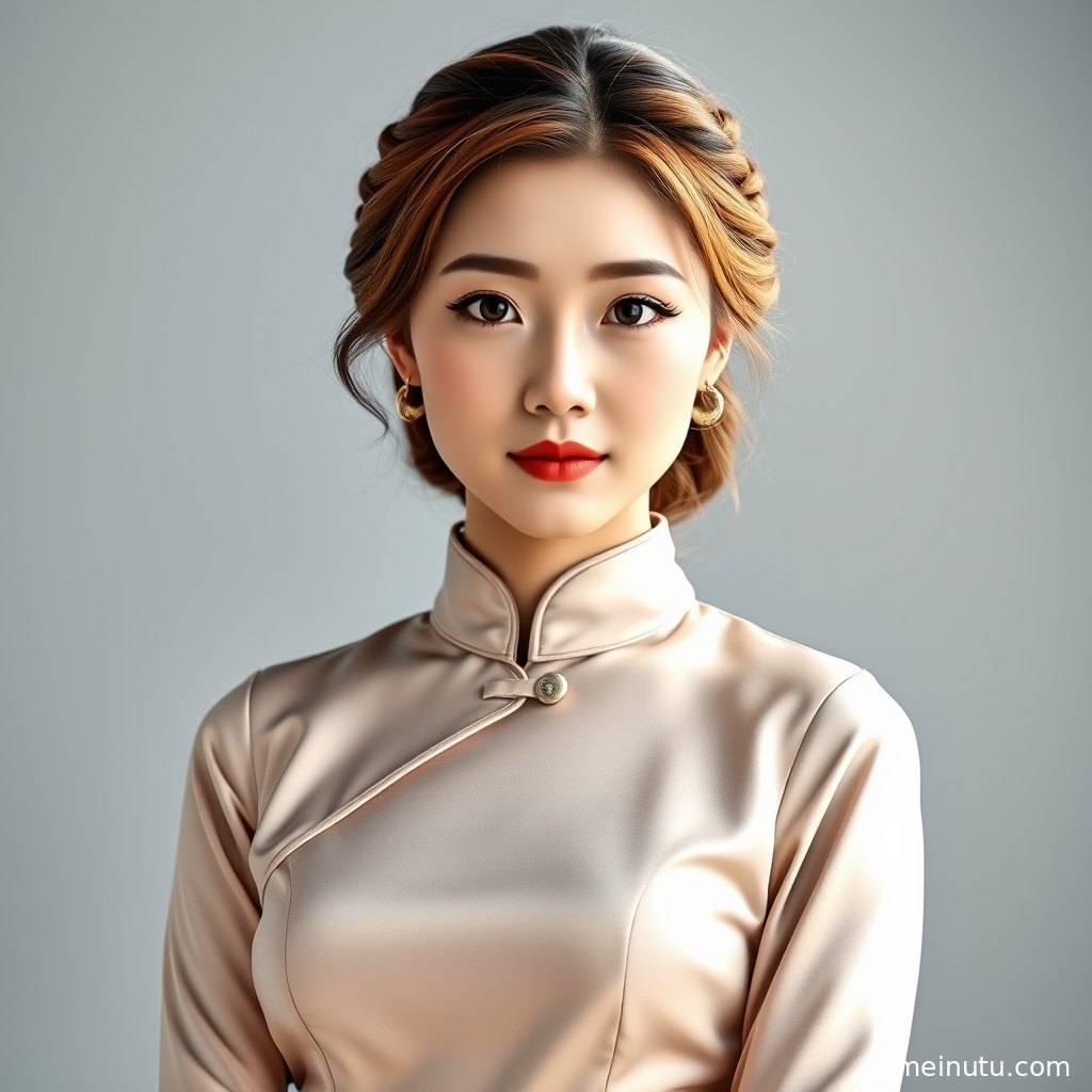 亚洲旗袍美女近景写真，真丝盘扣与领口细节在阴天漫射光中清晰可见。