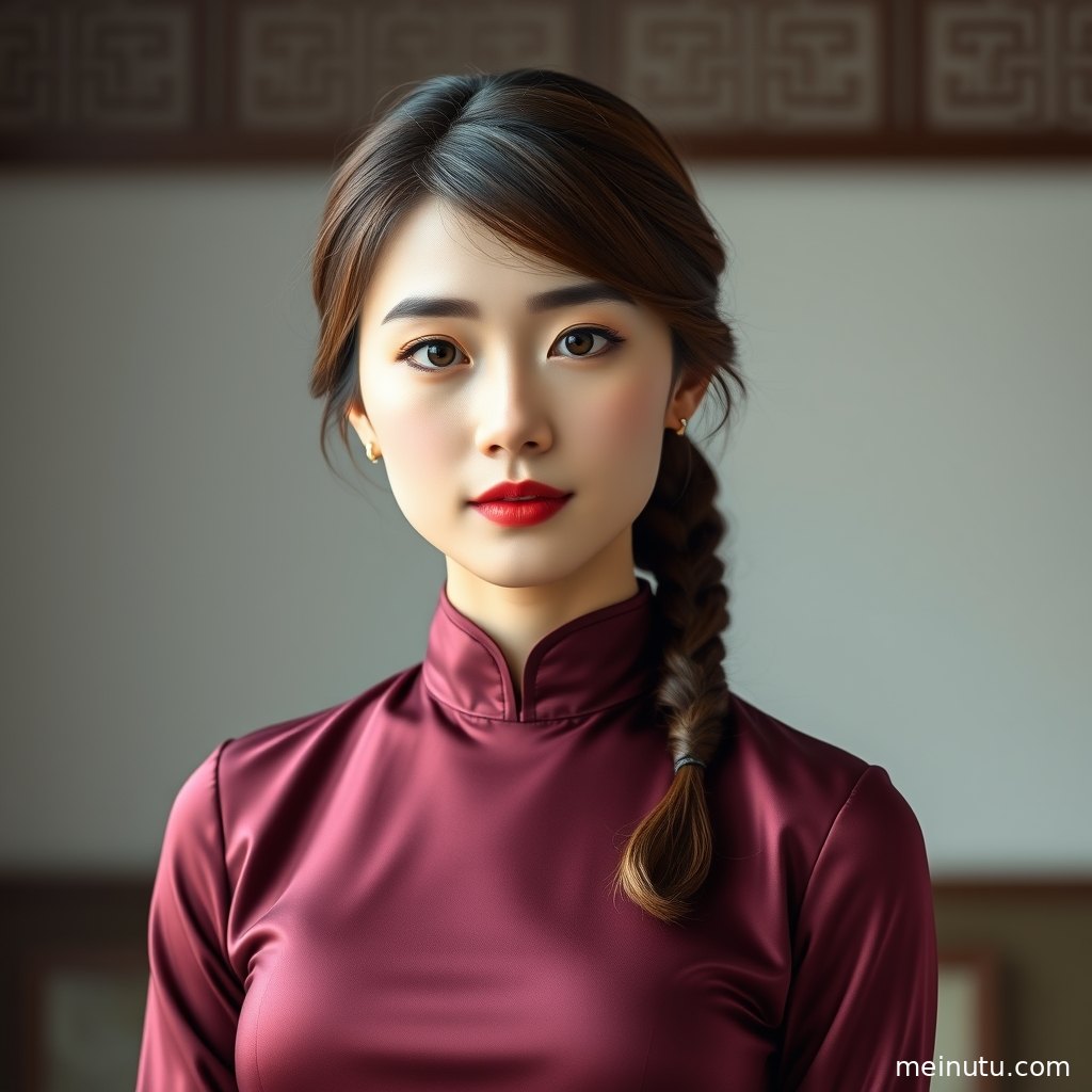 旗袍美女图片近景构图，开衩线条、袖口纹理与真丝质感层次分明。