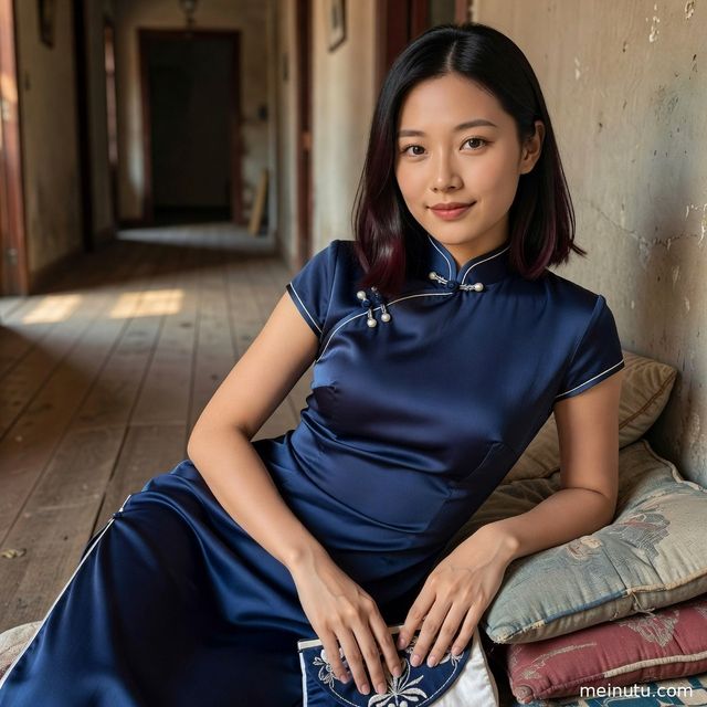 Deep Purple Cheongsam Dress Photoshoot of an Adult Asian Woman in a Vintage Hallway