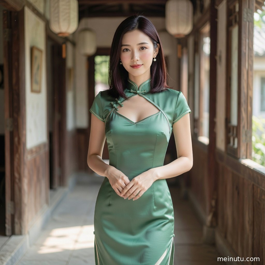 深紫色旗袍美女在长廊灯影下侧身回眸，呈现复古典雅的高清写真氛围。