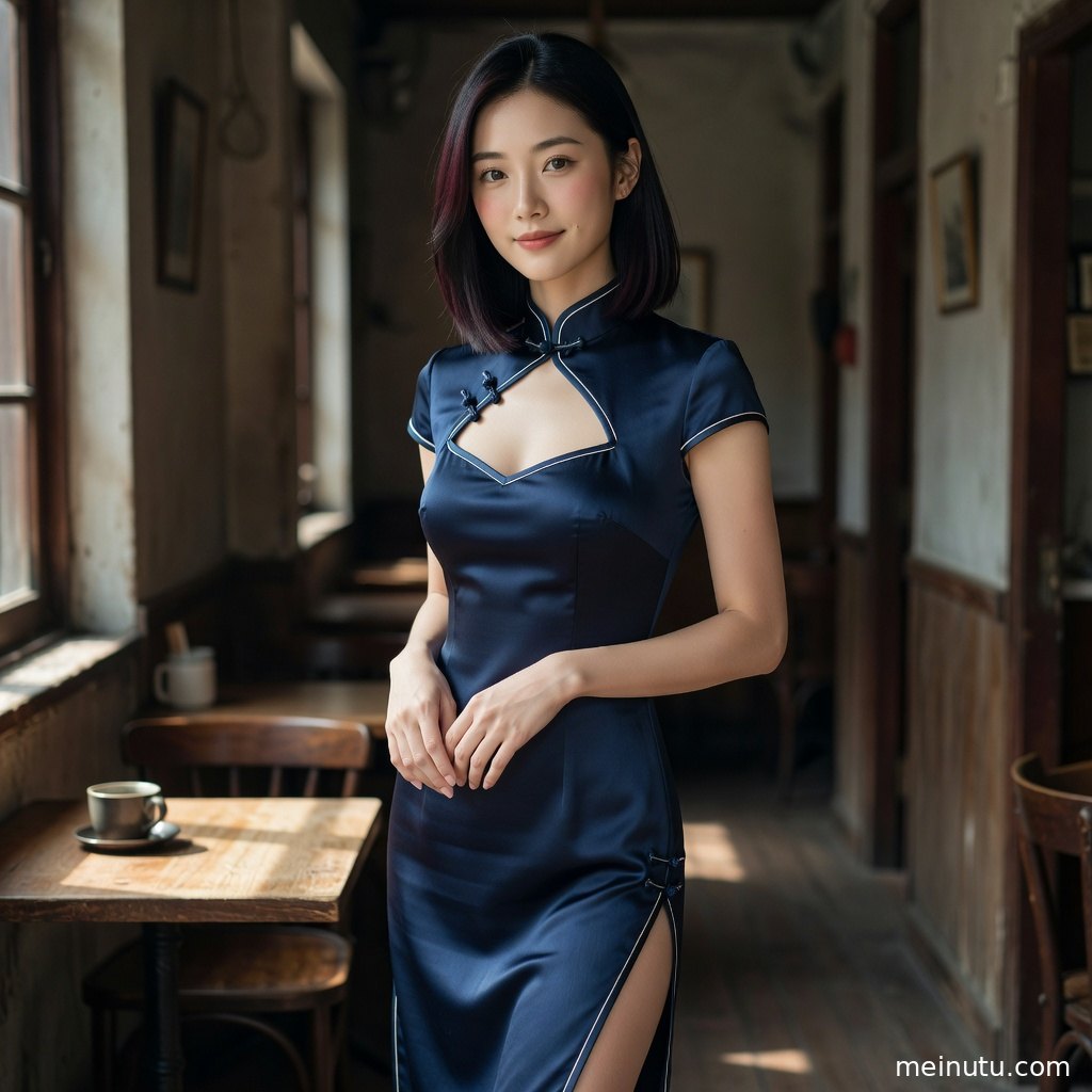 复古走廊中的深紫色旗袍写真，年轻成年女性回眸姿态展现东方韵味。