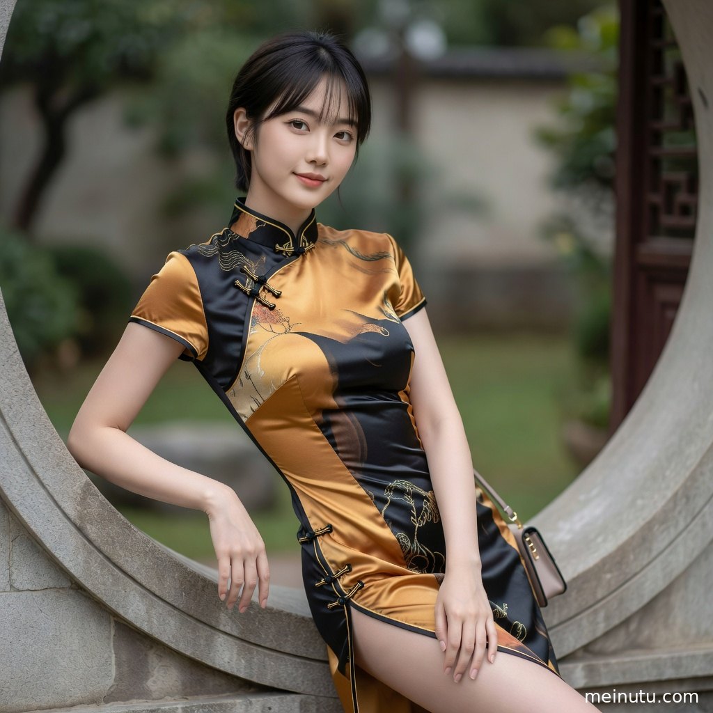 丝绸旗袍美女在暖色室内灯光下展现侧开衩剪裁与优雅站姿