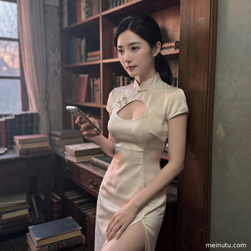 高清旗袍美女图片展示立领盘扣与侧开衩设计，丝绸质感细腻明亮。