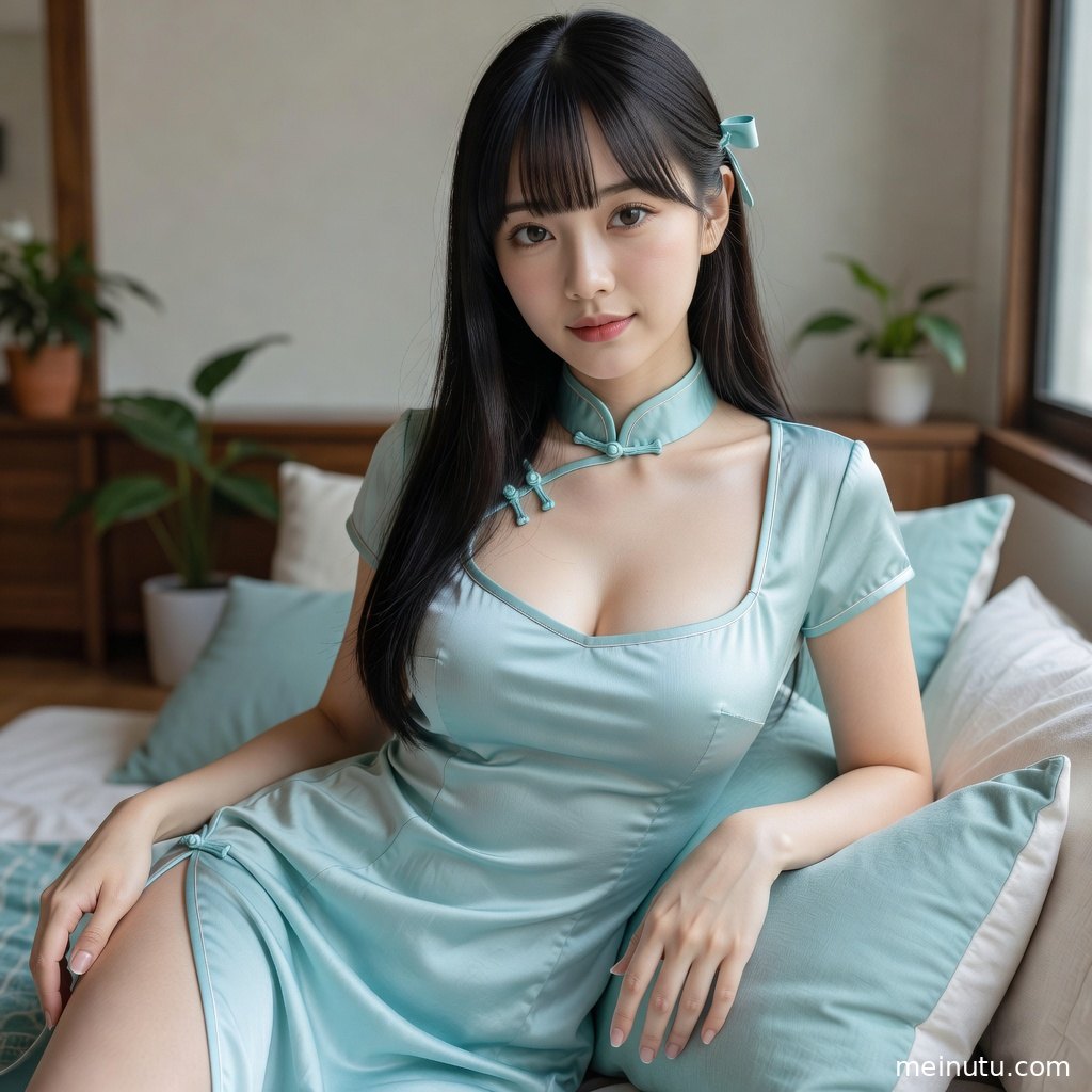 穿丝绸旗袍的模特倚靠木质窗边，柔和背景呈现典雅旗袍写真氛围。