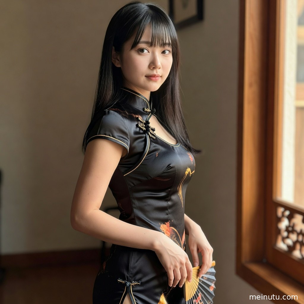 女性身着修身丝绸旗袍站在花影背景前，呈现温柔东方韵味。