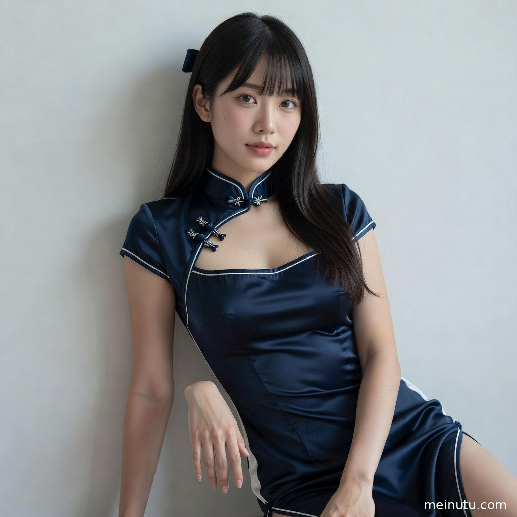 复古室内场景中的旗袍人物侧身构图，开衩线条与暖色光影突出优雅氛围。