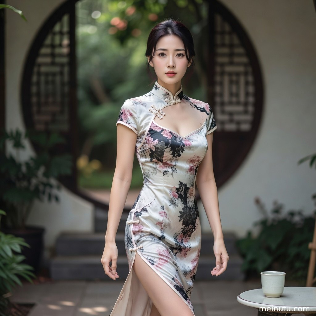 女性身着酒红丝绸旗袍倚窗而立，缎面光泽与花窗光影营造复古写真氛围。