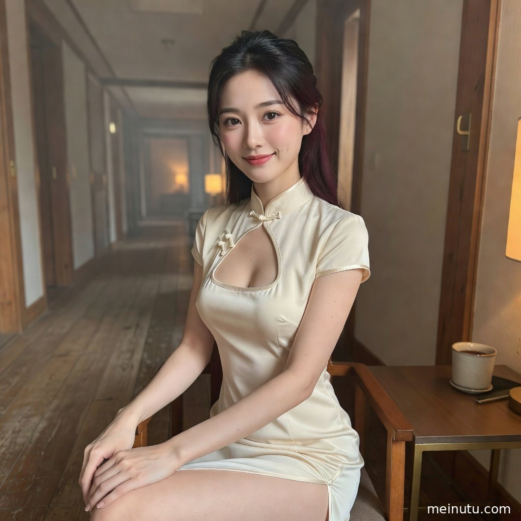 丝绸旗袍模特在木质室内回眸，侧开衩剪裁展现优雅线条与东方韵味。