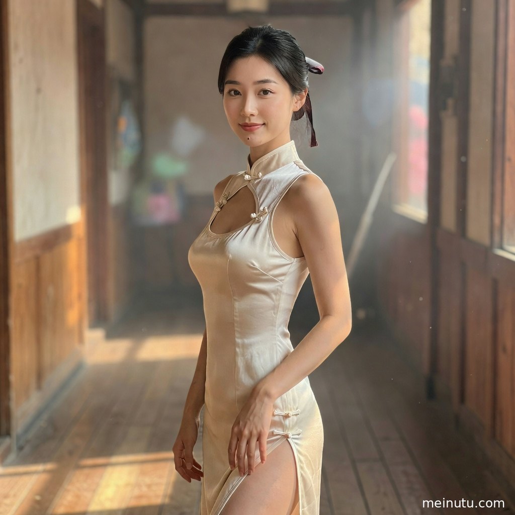 女性穿深色丝绸旗袍坐于复古沙发旁，画面呈现民国旗袍风格与高清质感。