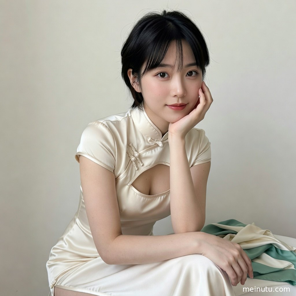 女性身穿修身丝绸旗袍站在暖色室内，展现优雅旗袍写真氛围