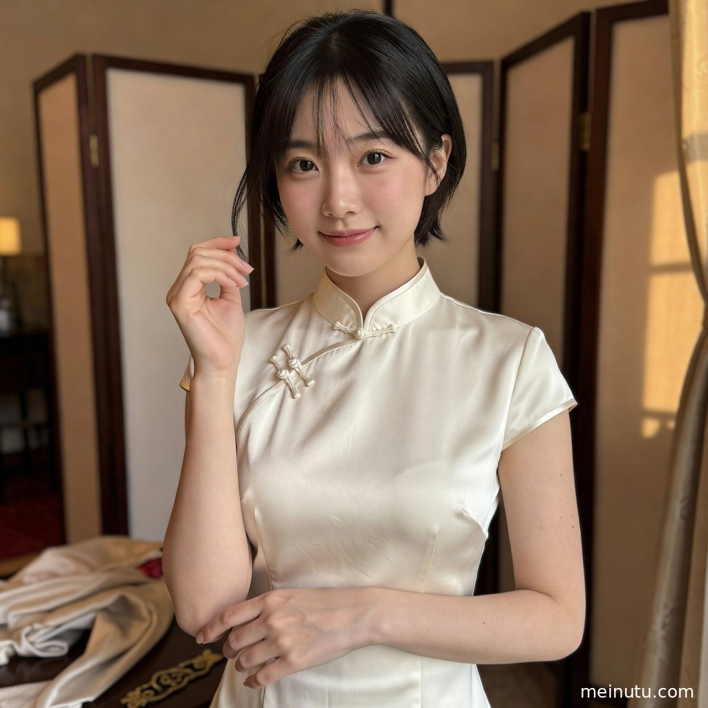 丝绸旗袍侧身人像突出开衩裙摆与柔和光影，适合高清壁纸收藏