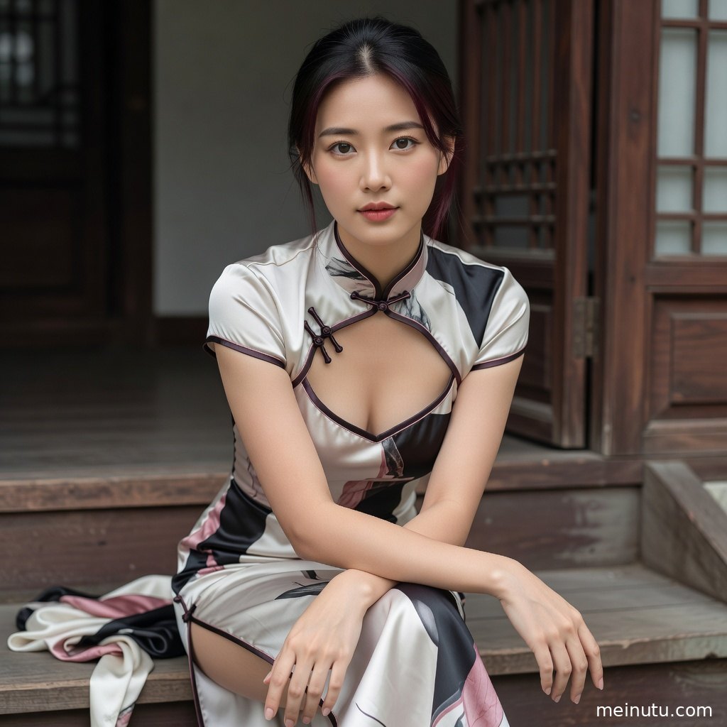 女性身着酒红丝绸旗袍倚窗而立，缎面光泽与复古木窗形成优雅旗袍写真氛围。