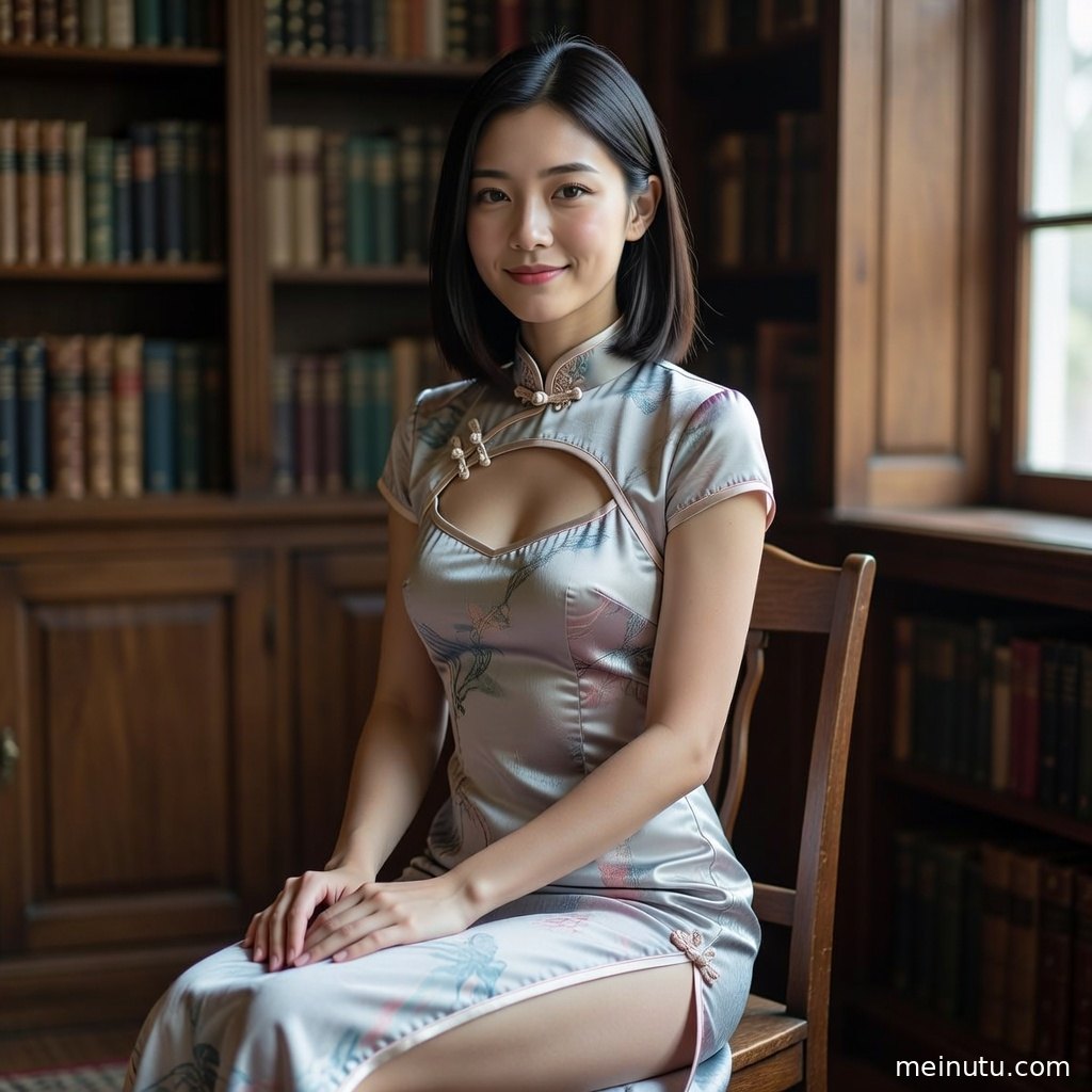 丝绸旗袍人物坐在古典木椅旁，细腻纹理与室内布景呈现民国旗袍质感。