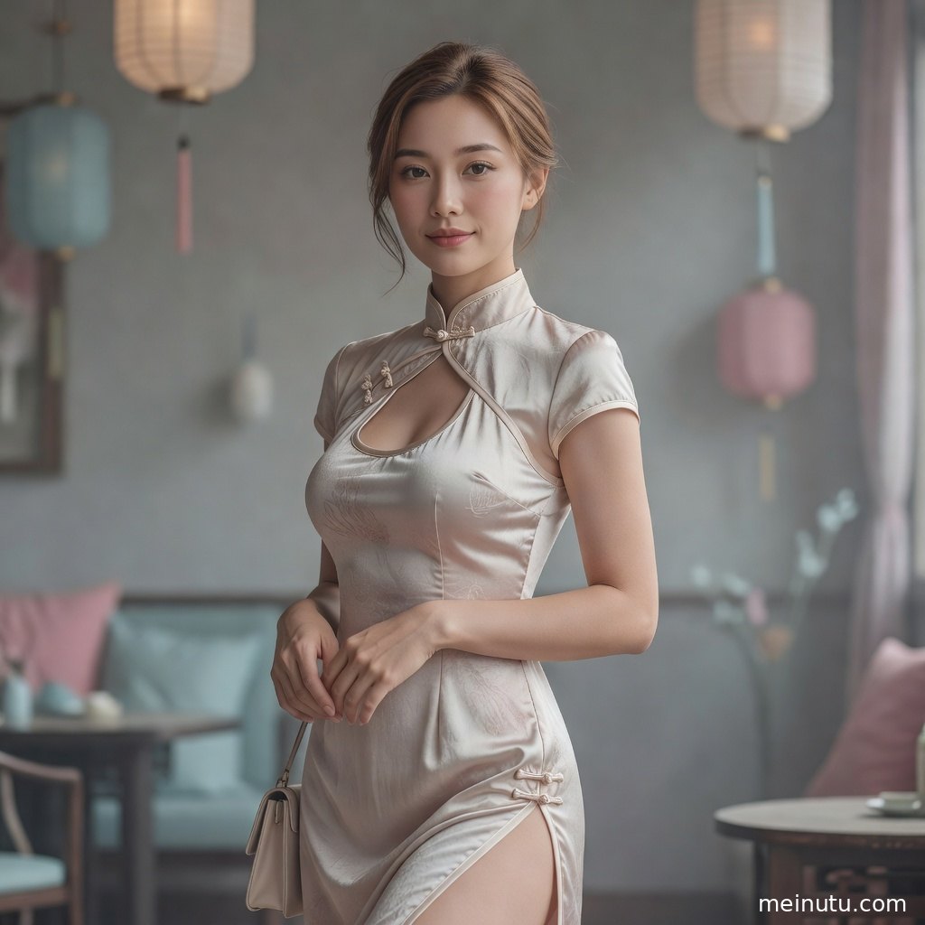 丝绸旗袍模特以温柔妆容凝视镜头，高清写真突出东方雅致美感。
