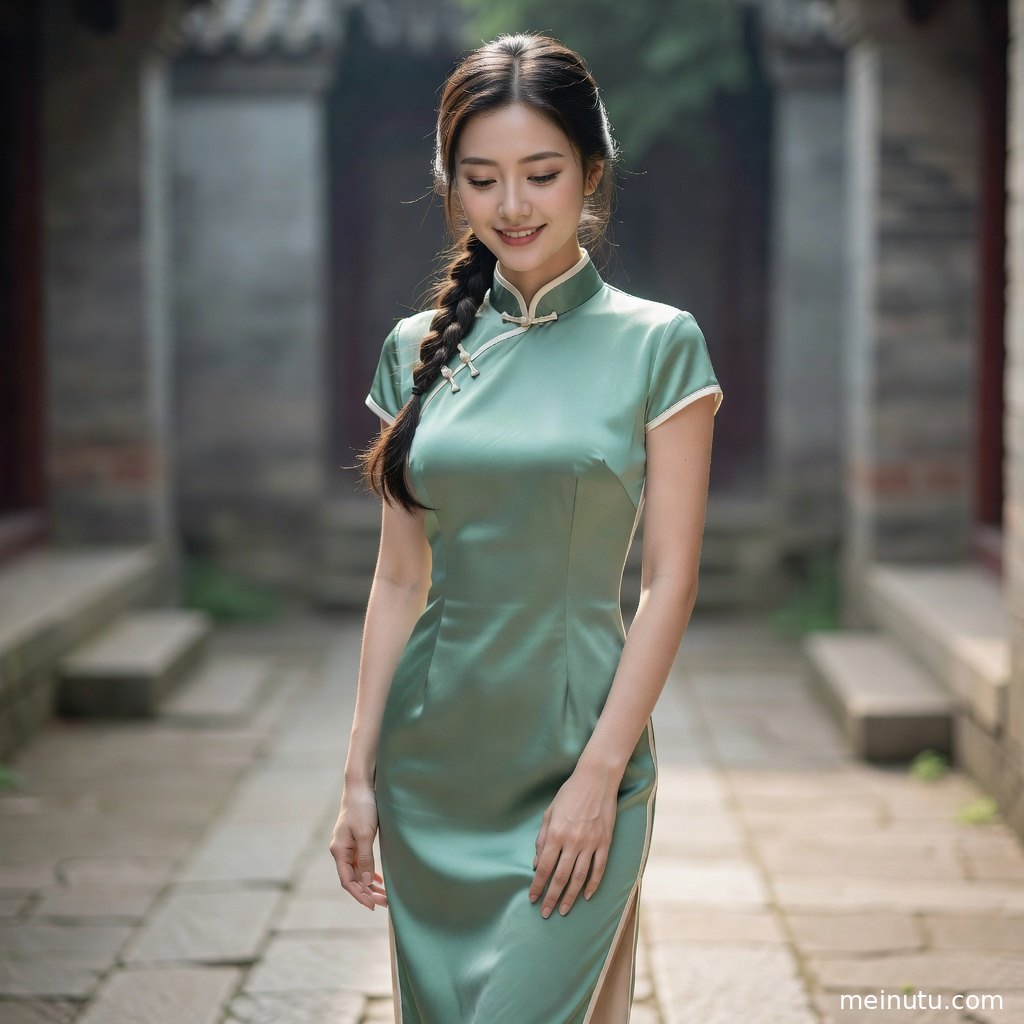 女性模特身穿浅色丝绸旗袍倚靠窗边，柔和光线突出面料光泽。