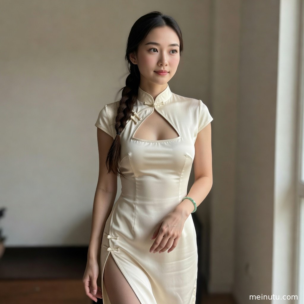 高清旗袍美女图片展示侧身轮廓与开衩设计，背景氛围安静雅致。