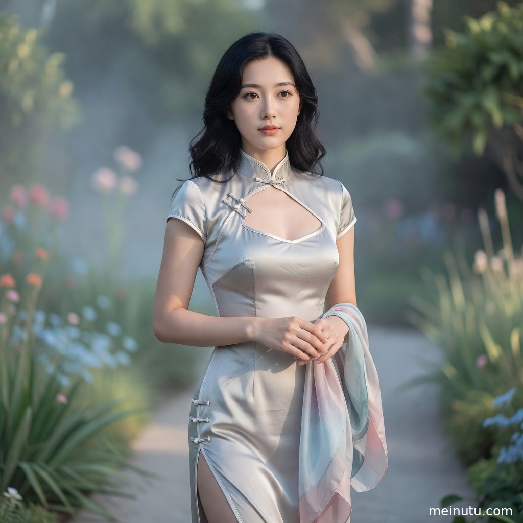 米色丝绸旗袍写真特写，花纹刺绣、珍珠耳饰与高清人像细节清晰可见。