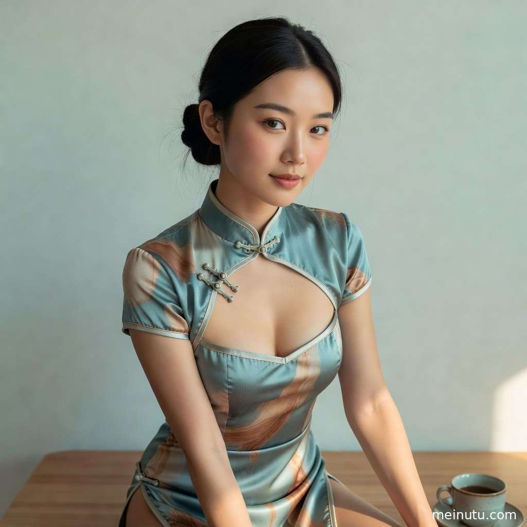 亚洲女性模特身穿银灰丝绸旗袍，侧身站在复古窗边展现缎面光泽。