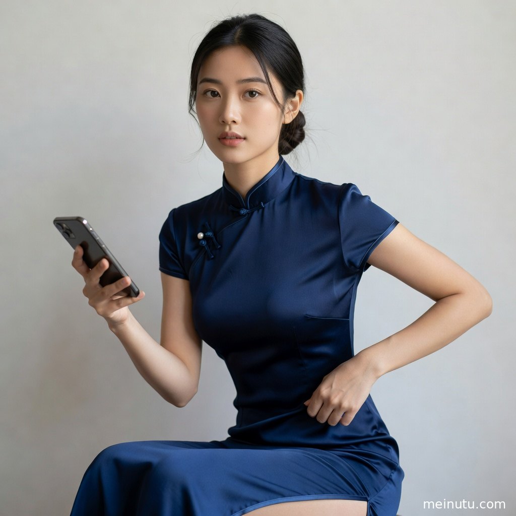 女性模特穿修身丝绸旗袍坐在软椅上，画面突出民国旗袍氛围与高清质感。