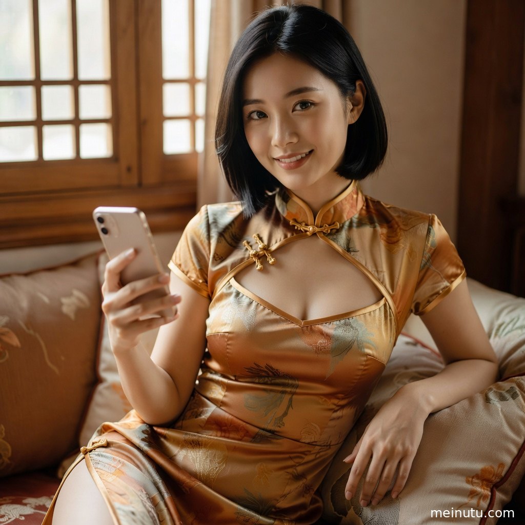 室内暖光下的asian女性模特身穿丝绸旗袍，展现复古盘扣与柔亮面料。