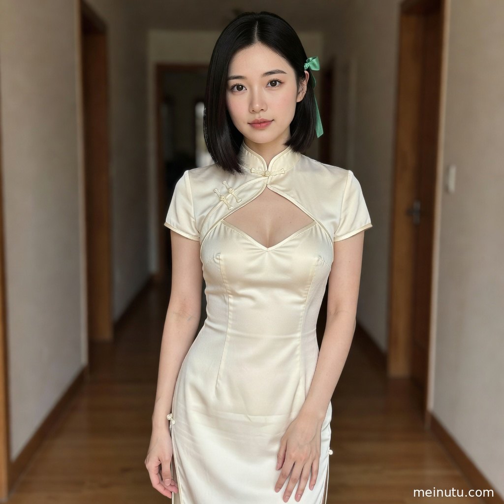 高光泽丝绸旗袍近景图片，细腻纹理、收腰线条和精致盘扣清晰可见。