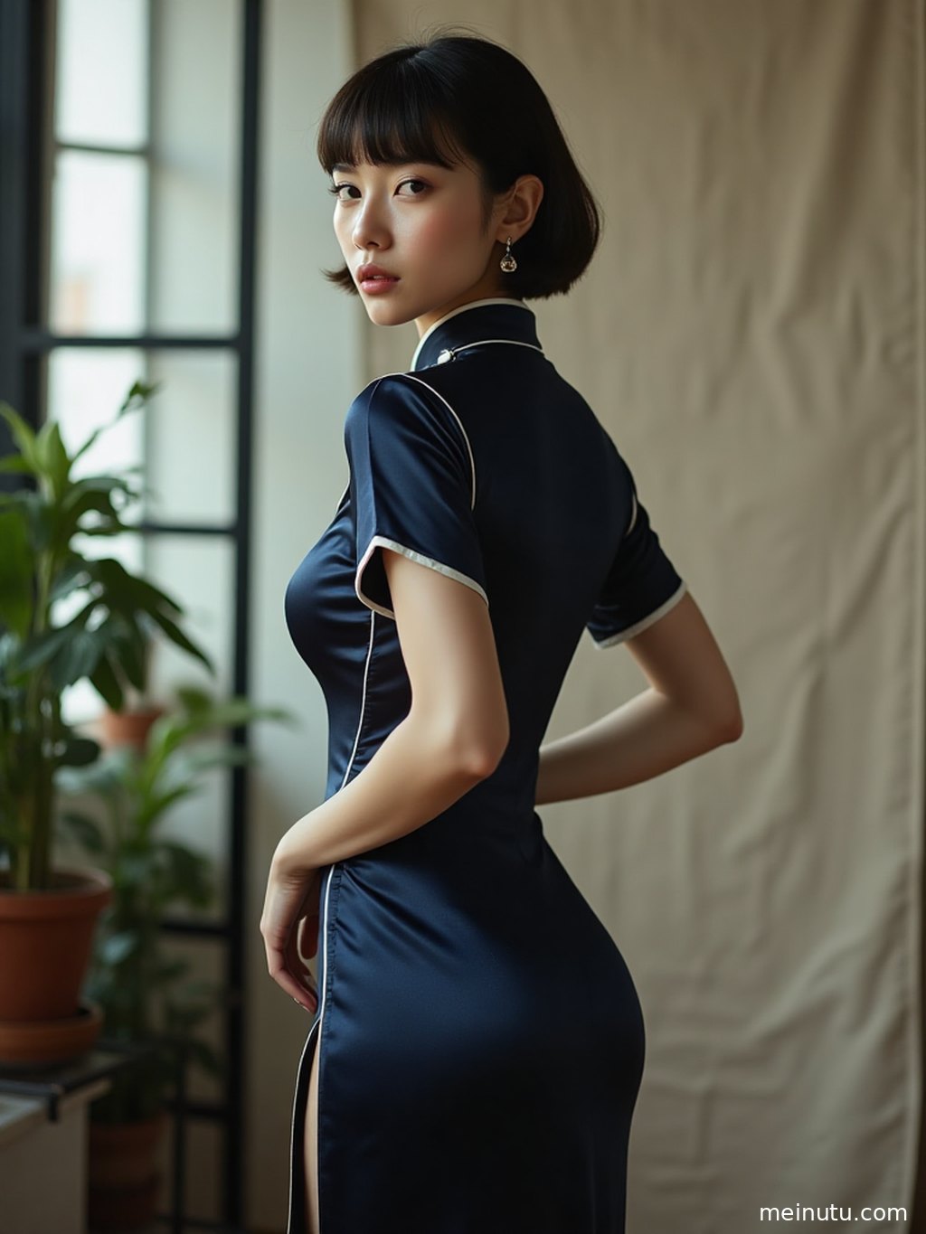 Adult Asian woman in a velvet cheongsam dress posing in a full-body composition with warm window light and elegant indoor atmosphere.