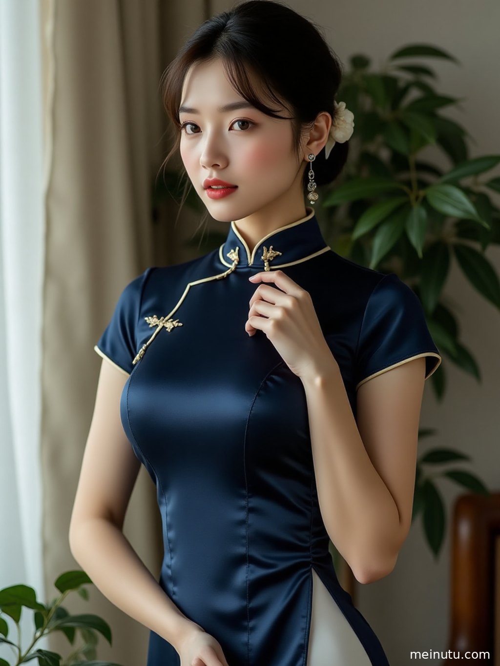 Close-up detail of a modern cheongsam dress showing velvet texture, rich color, and polished high-resolution image quality.