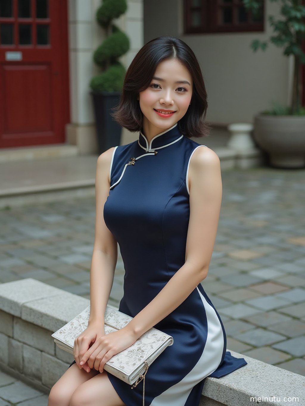 Side-profile portrait of an adult Asian woman near the window, blending sensual cheongsam fashion with elegant wallpaper aesthetics.
